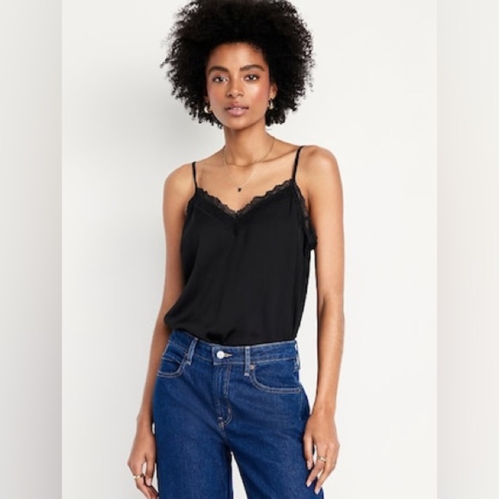 NWT Old Navy Lace-Trim Satin Cami Top, Size Medium Tall, Black Jack